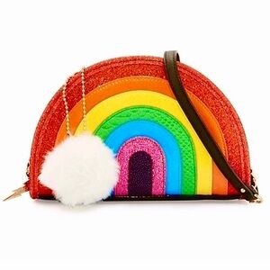 Betsey Johnson I Love Hue Vintage Rainbow Sparkle Pom Pom Crossbody Bag EUC